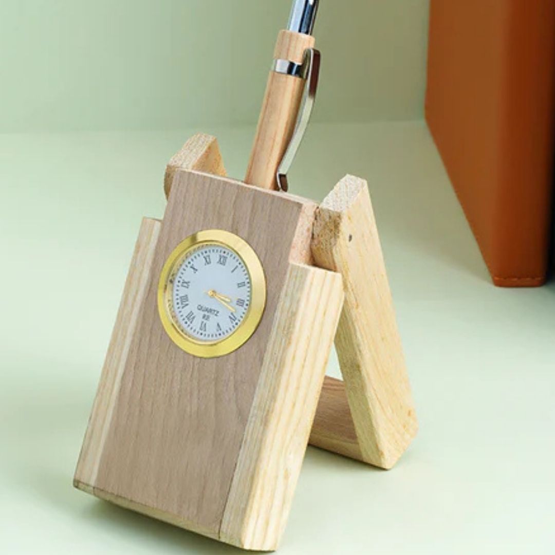 Wooden Pen Holder with Clock for Corporate Gifts